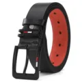 Classic black men leather belt with red lining and metal pin buckle for casual daily wear. - 110cm / Black