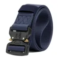 Detail view of the heavy-duty tactical nylon belt featuring a quick-release metal buckle. - 125cm / Blue