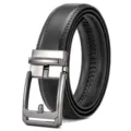 Men's Black Genuine Leather Automatic Ratchet Belt with Gunmetal Buckle Business Casual - Black / 110cm