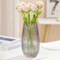 Handmade crochet rose bouquet in grey glass vase, elegant home decor gift for Valentine's Day. - Pink