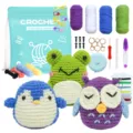 Kit da uncinetto per principianti con gomitoli di lana, ferri e simpatici animaletti per bricolage. - Miscela Gatto Pinguino Rana