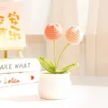 Handmade crochet tulip potted plant, pink knitted flowers with white ceramic pot decor. - Double Head Pink Series Large Pot