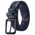 Men dark blue leather belt with metal pin buckle, stylish business casual trouser belt for daily wear. - Blue ZK35-05 / 120cm