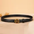 Women black leather belt 2.3cm width with vintage floral metal buckle fashion accessory - 100cm / Black