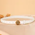 Women white leather belt with vintage metal flower buckle, elegant minimalist waist accessory. - 100cm / White