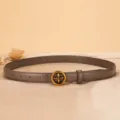 Women leather belt with exquisite metal flower buckle, elegant greyish brown style for chic outfits. - Gray