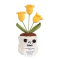 Handmade crochet skull potted plant with yellow tulips, cute emotional support desk decor. - 3-Head Lily of the Valley Yellow