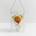 Handmade crochet sunflower bouquet in clear gift box, cute knitted flower for gift. - Smiley Sunflower / Green and Pink