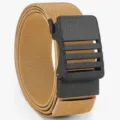 Men tactical elastic belt with durable black buckle, khaki woven fabric for outdoor sports. - Khaki