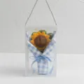 Handmade crochet sunflower bouquet in clear gift box, blue checkered wrap, gift variant - Sunflower / Light Blue White
