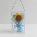 Hand-hooked crochet sunflower bouquet in clear gift box with blue gingham wrapping style. - Sunflower / Blue & White