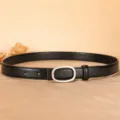 Women's black genuine leather belt 2.3cm width with silver oval buckle versatile fashion - Black / 100cm