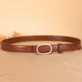 Women brown leather slim belt with silver oval buckle casual trousers accessory. - Brown / 100cm