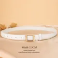 Women genuine leather thin belt with smooth golden buckle, 2.3cm width for jeans dress - White