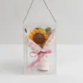 Handmade crochet sunflower bouquet in clear acrylic gift box with pink plaid wrapping - Sunflower / Pink White