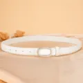 Women's white genuine leather belt, 2.3cm thin strap with silver oval buckle, versatile style. - White