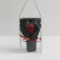 Handmade crochet red rose bouquet in clear gift box with ribbon handle for romantic gifts. - New Tulip / Burgundy