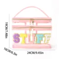 Bolsa de maquillaje transparente de doble capa con parche de letras para viajes diarios. - Rosa