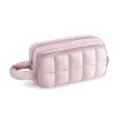 Quilted makeup bag detail showing soft pink fabric, sturdy handle, and smooth double zippers. - Pink