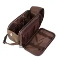 Men's large capacity toiletry bag detail view, multi-compartment travel cosmetic storage pouch. - Dark Brown