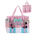 Strandtasche Detailansicht mit mehreren Fächern und praktischen Haltegurten für Handtücher. - Rosa