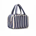 Blue and white striped cosmetic bag, portable large capacity toiletry organizer with dual handles. - Navy Blue Striped