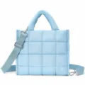 Light blue quilted tote shoulder bag, stylish casual puffer crossbody bag with strap. - Blue
