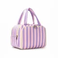 Portable striped cosmetic bag with large capacity, color-blocking design, and wide opening for daily use. - Pink Purple Stripes