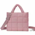 Pink quilted shoulder bag, stylish puffer tote handbag with adjustable crossbody strap. - Deep Pink