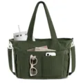Dark green corduroy tote bag with multi-pocket design, casual shoulder bag for daily travel. - Green