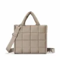 Khaki quilted puffer tote bag, casual crossbody shoulder bag with top handles for women. - Brown