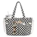 Black and white checkerboard corduroy tote bag with multiple pockets and large capacity. - Black and White Plaid