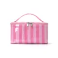 Pink striped cosmetic bag with handle, stylish travel makeup pouch for women daily use. - Rose Pink Stripe