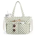 Green checkered corduroy tote bag large capacity casual shoulder bag with multiple pockets. - Green and White Grid