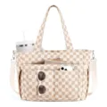 Beige checkered corduroy tote bag with multiple pockets, shoulder strap and casual design. - Khaki Grid
