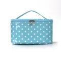 Blue polka dot cosmetic bag with zipper and handle, stylish portable makeup storage pouch. - Blue Polka Dot