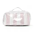 Rosa-weiß gestreifte transparente Kosmetiktasche mit Tragegriff, praktischer Make-up Organizer. - Weiß und Rosa
