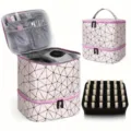 Double layer portable cosmetic bag pink geometric nail polish storage handbag organizer case - Pink