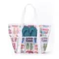 Large capacity mesh beach bag with colorful flip-flop pattern, multi-pocket travel shoulder bag. - Slipper