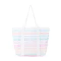 Bunte gestreifte Netz-Strandtasche mit weißen Griffen und mehreren Taschen für Sommer. - Mehrfarbige Geometrische Streifen