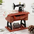 Vintage mini sewing machine music box, retro wooden style desktop decorative ornament. - Wood Grain Color