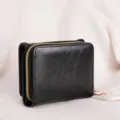 Black trifold leather wallet for women with golden zipper, compact card and coin purse. - Black Leather