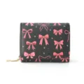 Women cute bow print trifold wallet, compact PU leather zipper coin purse for cards and cash. - Black Bow