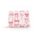 Women tri-fold short wallet in white PU leather featuring cute pink bow pattern and zip pocket. - White Bow