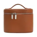 Brown pebbled leather cosmetic bag with top handle and double zippers, large capacity. - Brown