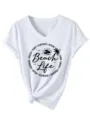 Women's casual V-neck short sleeve T-shirt featuring beach life print and front knot design. - S / White
