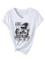 Gedetailleerd overzicht van dames V-hals korte mouw t-shirt met skelet grafische print. - S / Wit