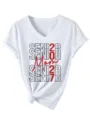 Damen weißes V-Ausschnitt Kurzarm T-Shirt mit Senior 2027 Mom Grafikdruck Freizeitshirt - S / Weiß