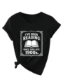 Women V-neck short sleeve T-shirt with funny book reading print, casual black top. - Black (White Font)