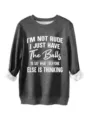 Felpa in pile grigio scuro da donna, top casual a maniche lunghe con slogan divertente. - Grigio scuro